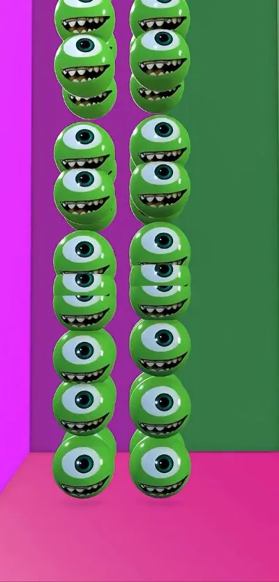 Bright green monster eyes on a colorful wallpaper background.