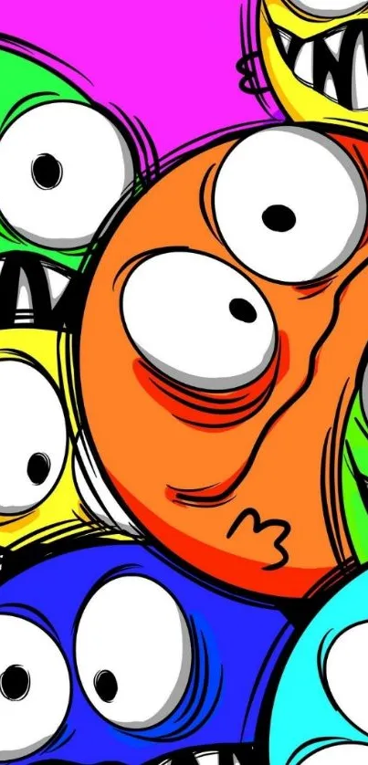 Bright cartoon monster faces fill the colorful mobile wallpaper.