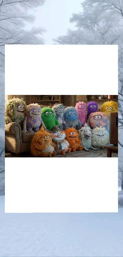 Colorful family of monsters in a snowy background.