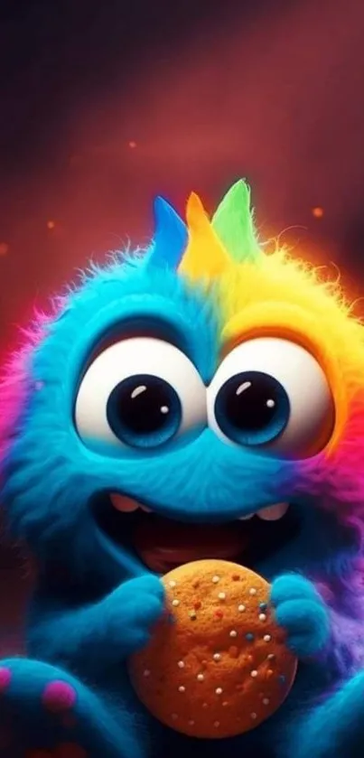 Cute colorful monster holding a cookie on a vibrant wallpaper.