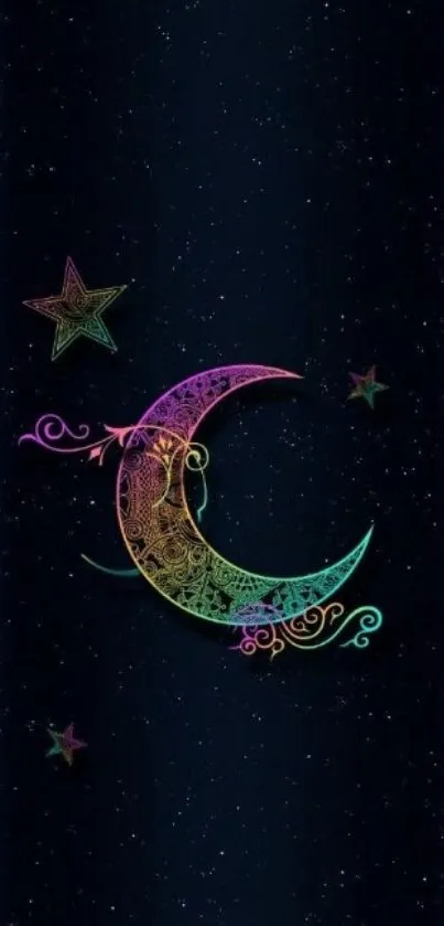 Vibrant crescent moon and star on a dark blue background.