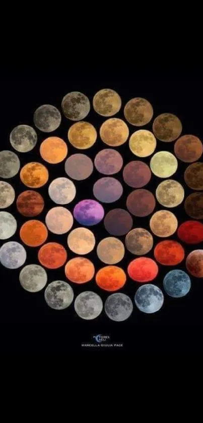 Colorful moon phases arranged in a circle on a black background.