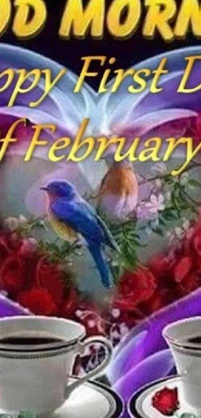 Good morning February wallpaper with roses and bluebird in purple tones.