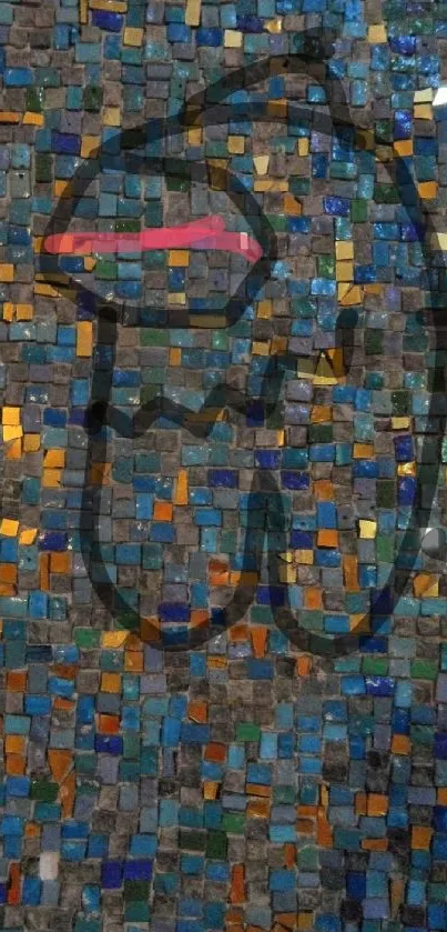 Vibrant mosaic artwork with blue, orange, and pink tiles in abstract design.