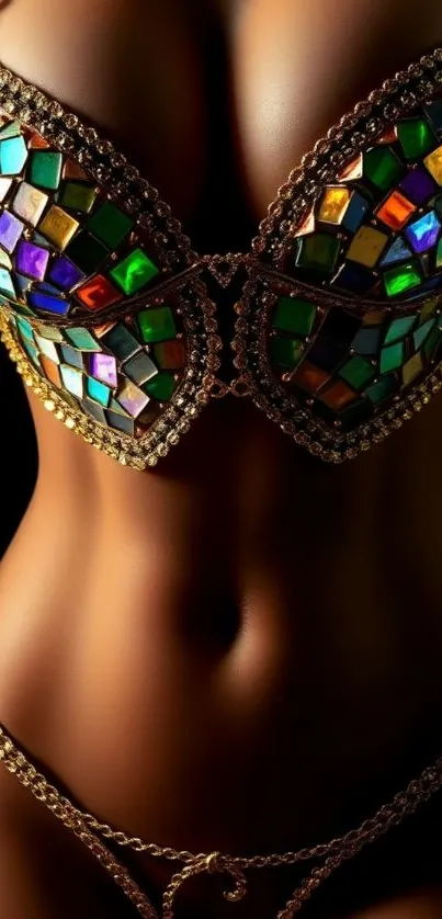 Colorful mosaic bikini art with vibrant glass design.