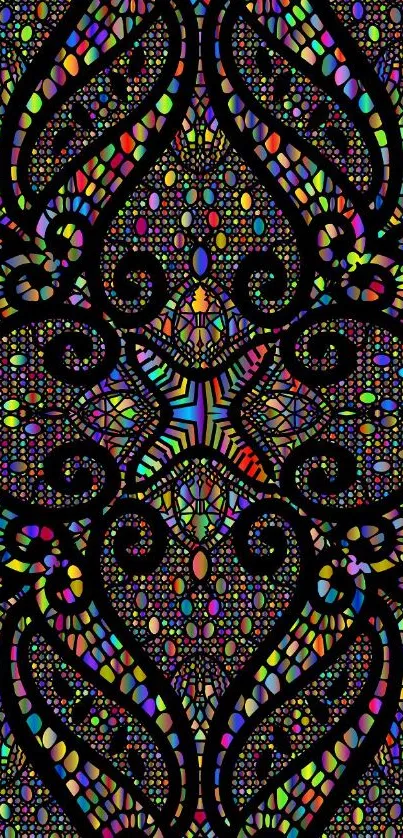 Colorful mosaic wallpaper with intricate patterns on black background.