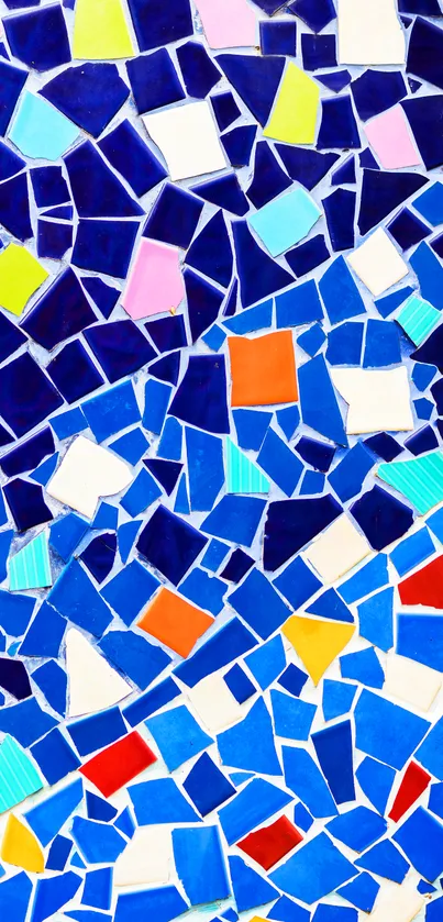 Vibrant blue mosaic pattern with colorful geometric tiles.