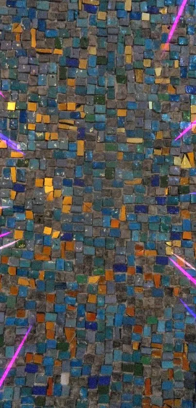 Colorful mosaic mobile wallpaper with blue and orange tiles.