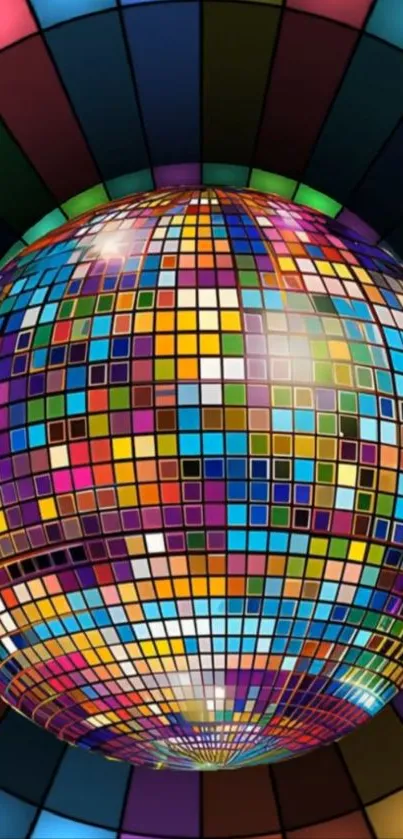 Colorful mosaic sphere against geometric background.