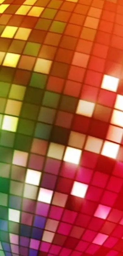 Colorful mosaic sphere with red, green, and yellow hues on a digital wallpaper.