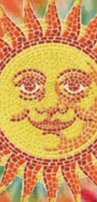 Vibrant mosaic depicting a cheerful sun design in yellow and red hues.