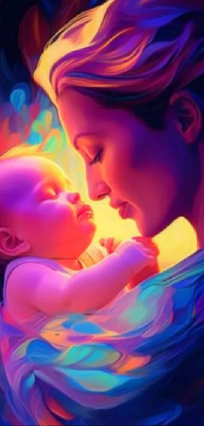 Vibrant mother and child embracing in colorful abstract art.