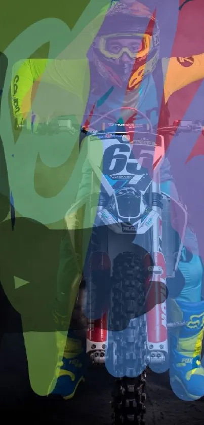 Vivid motocross rider art with colorful gear on a misty backdrop.