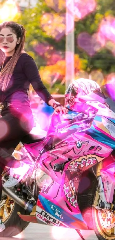 Woman posing on a colorful, artistic motorcycle.
