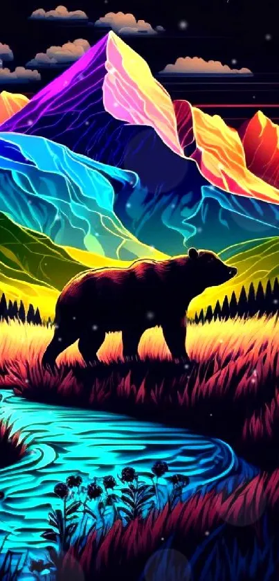 Colorful mountain scene with bear and vibrant colors.