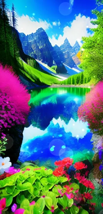 Vibrant mountain lake wallpaper with colorful flowers and clear blue sky.