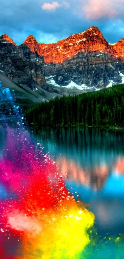 Mountain lake with colorful splash reflection under sunset light.