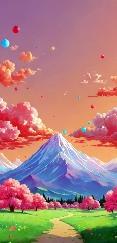 Colorful mountain landscape with cherry trees and a sunset sky.