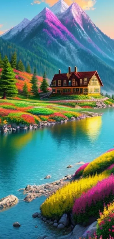 Vibrant mountain landscape with flowers, cabin, and blue lake.