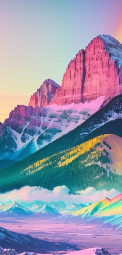 Colorful mountain landscape with rainbow and peaks.