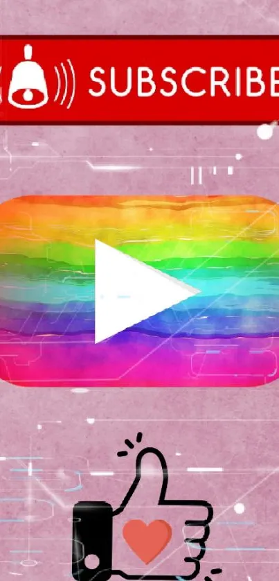 Colorful Youtube-themed wallpaper with play icon and subscribe button on pink background.