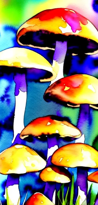 Vibrant watercolor mushrooms with a colorful background.