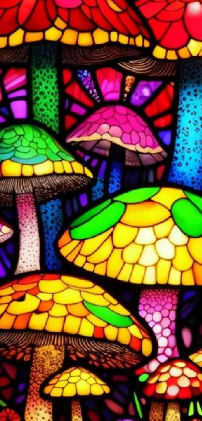 Vibrant stained glass style mushroom artwork wallpaper.