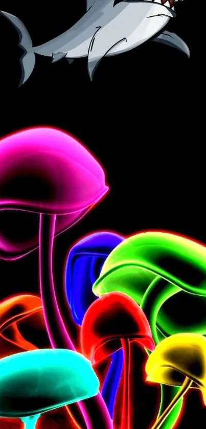 Vibrant neon mushrooms with cartoon shark in black background wallpaper.