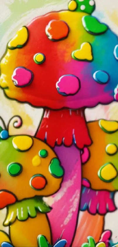 Vibrant cartoon mushrooms with colorful polka dots on a bright mobile wallpaper.