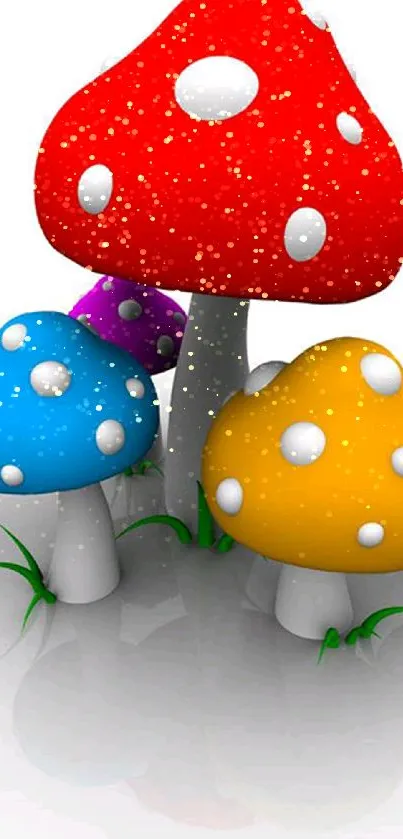 Vibrant 3D colorful mushrooms on white background.