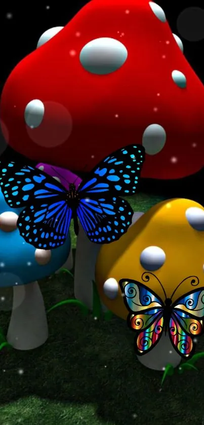 A whimsical wallpaper with colorful mushrooms and vibrant butterflies.