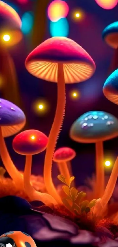 Glowing colorful mushrooms in a mystical scene.