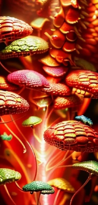 Vibrant fantasy mushroom scene in bright colors.