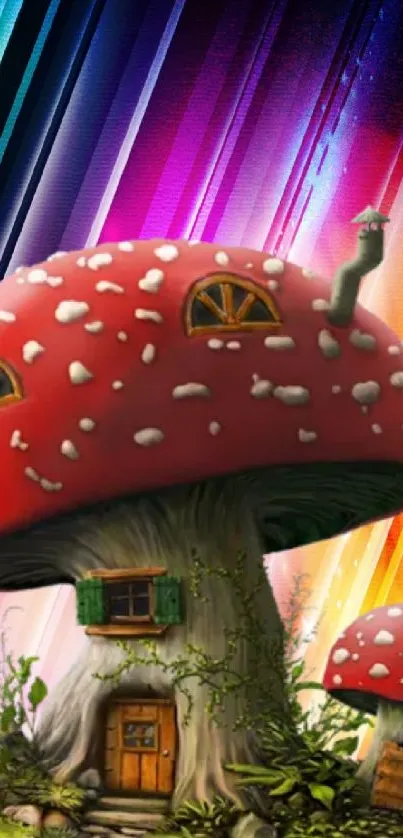 Whimsical mushroom house with colorful background