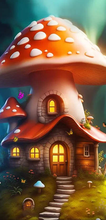 Whimsical mushroom house wallpaper, glowing in vibrant colors on a lush green landscape.