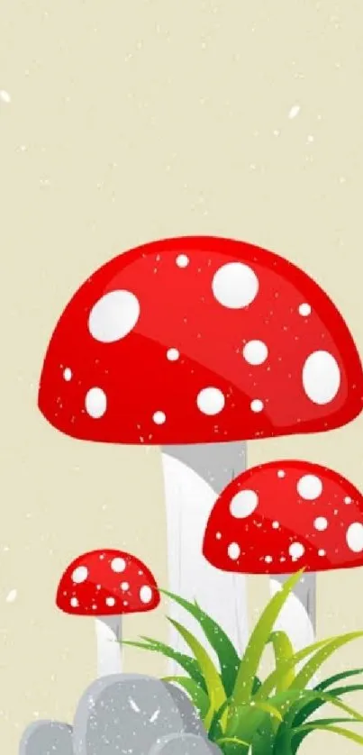 Whimsical wallpaper with red mushrooms on a beige background.