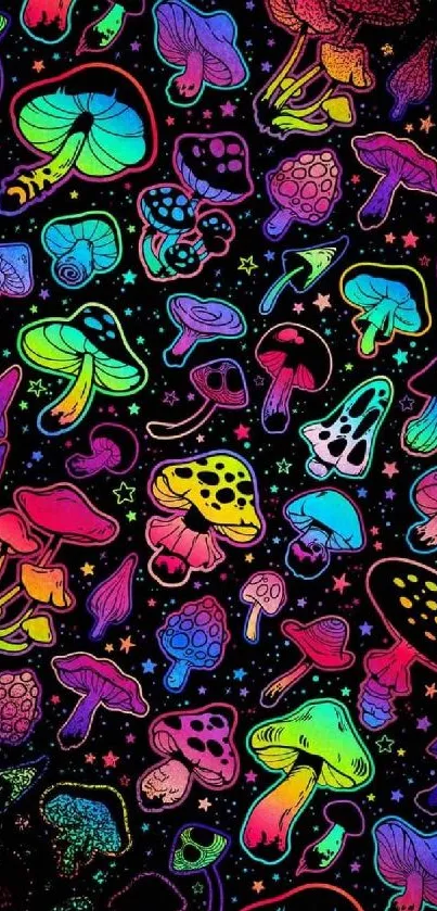 Colorful psychedelic mushrooms on dark wallpaper.
