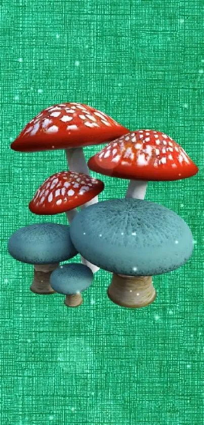 Colorful mushrooms on a green textured background.