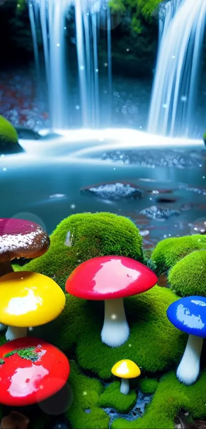 Colorful mushrooms with waterfall background on a mobile wallpaper.