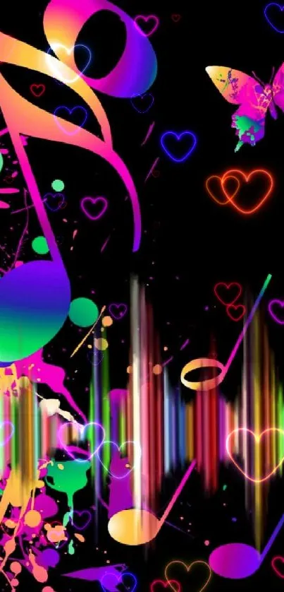 Colorful music notes and butterfly design wallpaper.