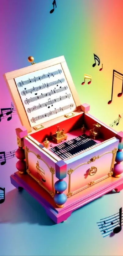 Colorful music box with musical notes in vibrant rainbow hues.