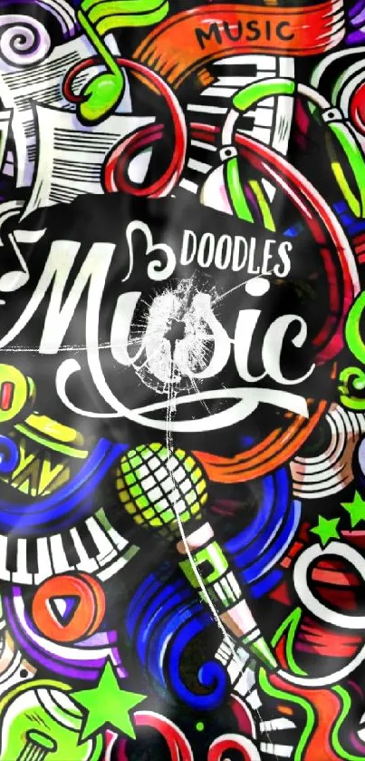 Colorful music doodles on a vibrant wallpaper background.