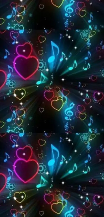 Colorful neon hearts and musical notes pattern on a vibrant wallpaper.