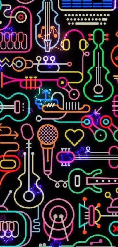 Colorful neon music instrument wallpaper design.