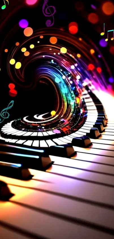 Vibrant music-themed wallpaper with colorful swirl and piano keys.