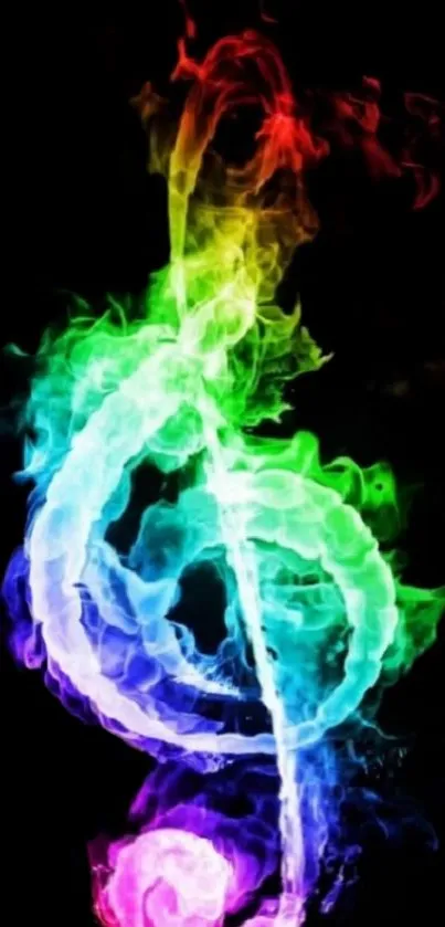 Colorful smoke forming a musical note on black background.