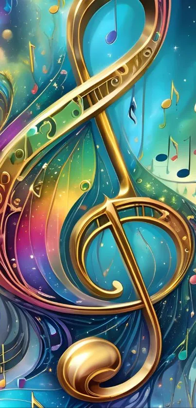 Golden treble clef with colorful notes in vibrant wallpaper.