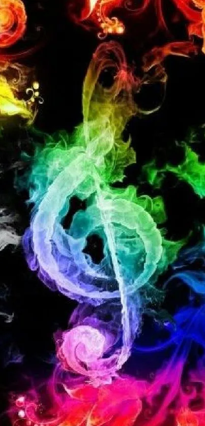 Colorful musical note with smoke effect on black background.