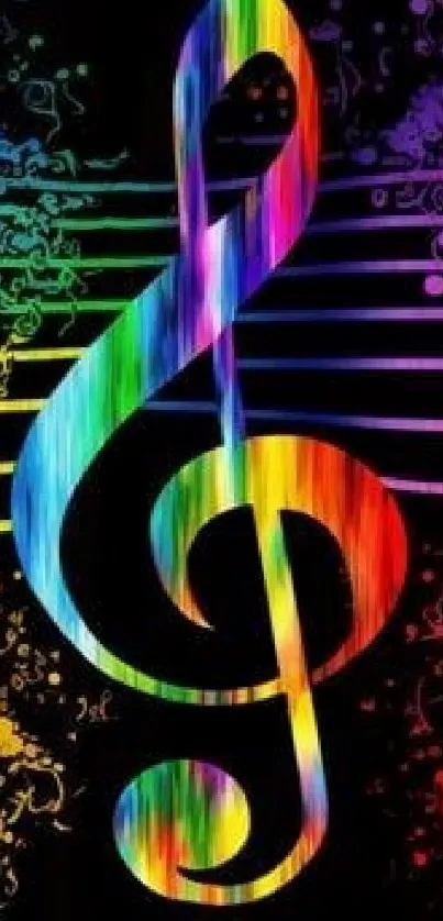 Vibrant rainbow treble clef on a black background, ideal for music lovers.