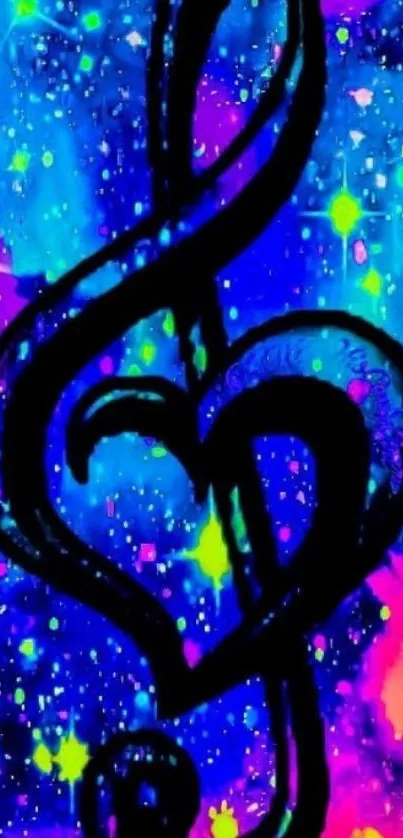 Colorful treble clef on galaxy background.